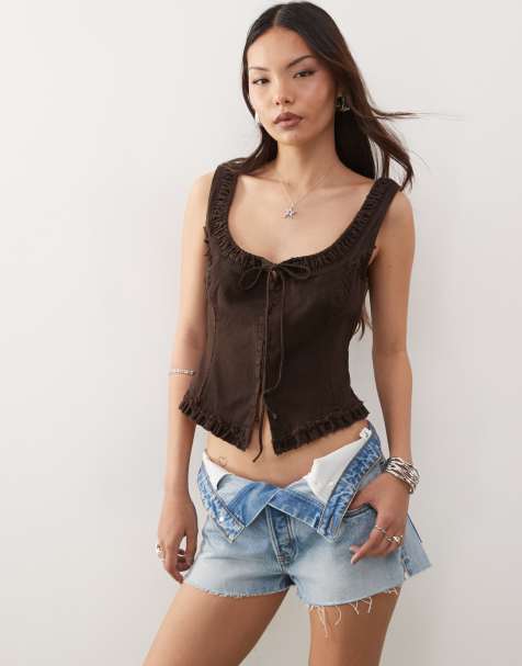 Monki corset tie front top in washed brown - view 1