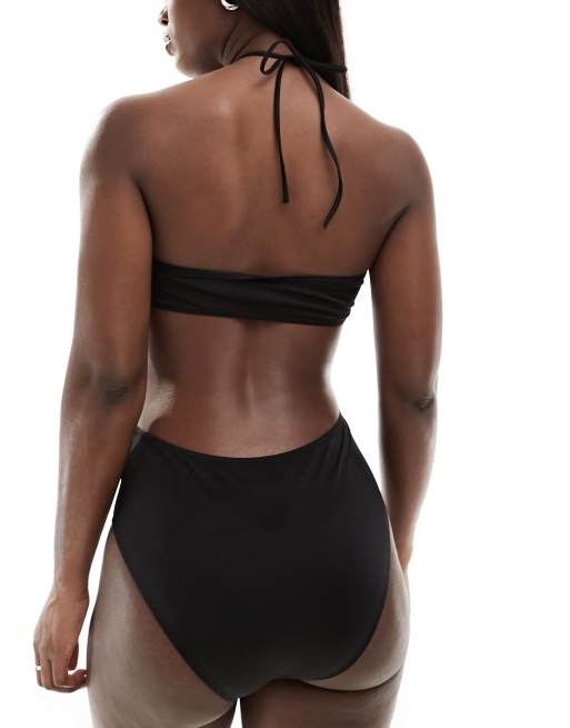 Monki - Costume da bagno nero a fascia allacciato al collo con cut-out, 3 di 4
