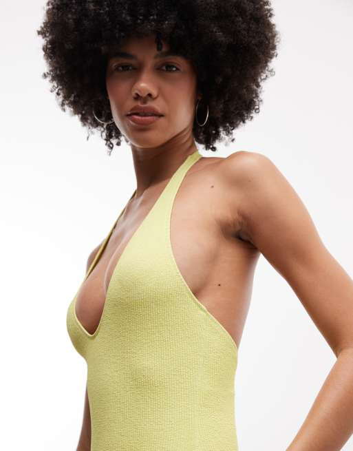 Monki - Costume da bagno stropicciato con scollo profondo giallo, 4 di 4