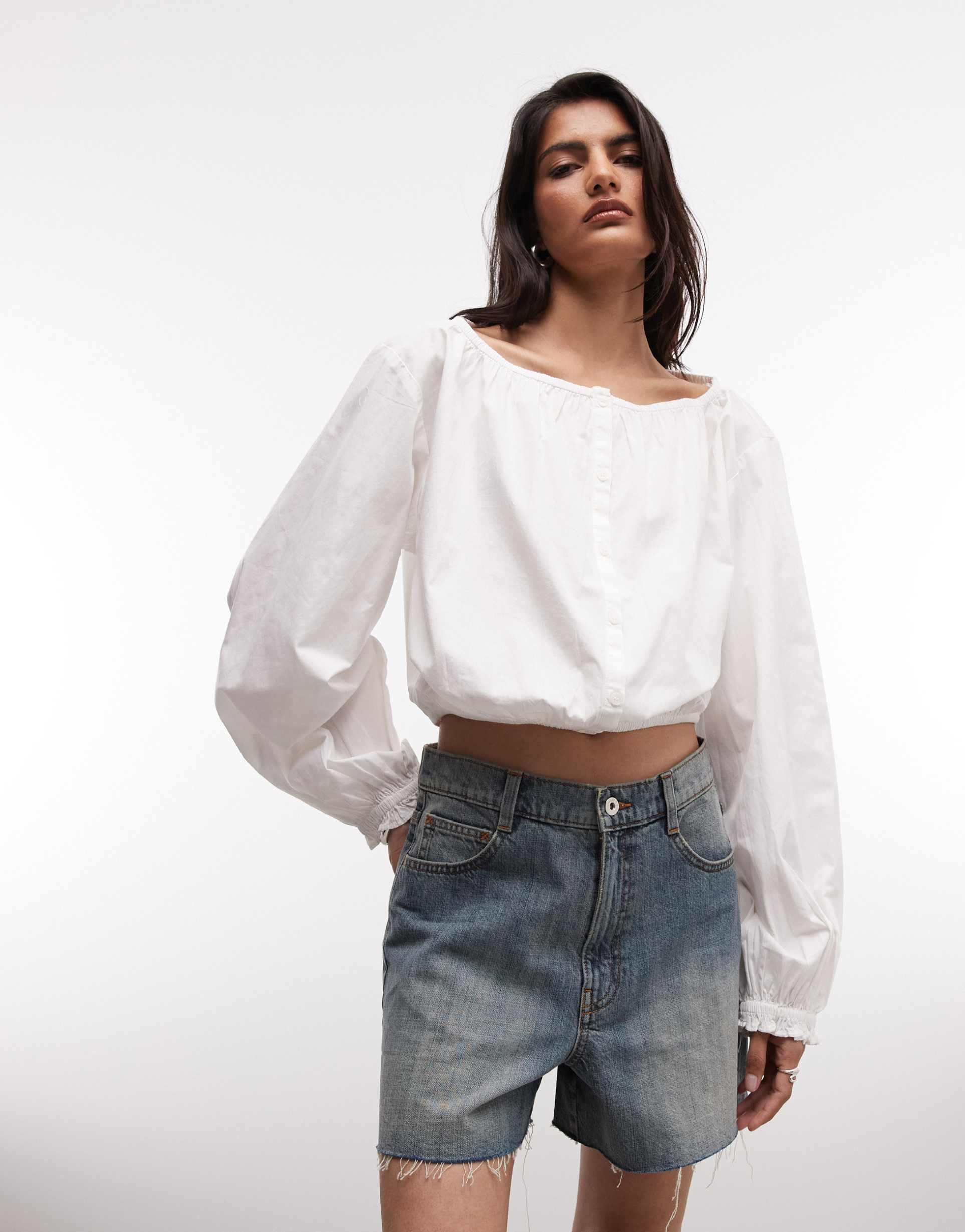 monki cotton balloon sleeve milkmaid top in white