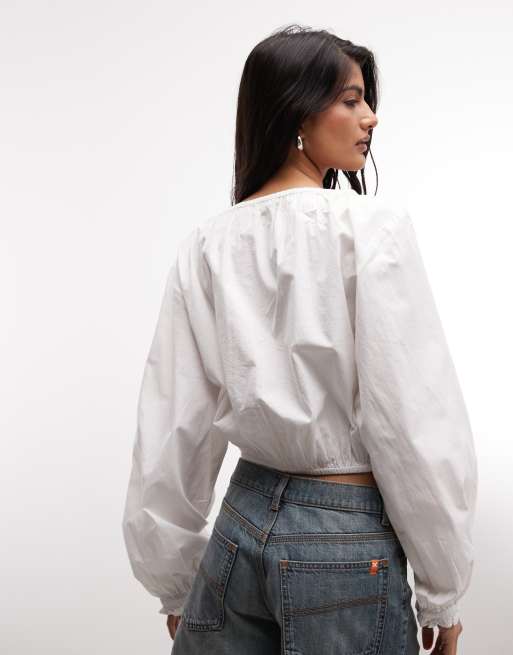Monki cotton balloon sleeve milkmaid top in white, 3 of 4