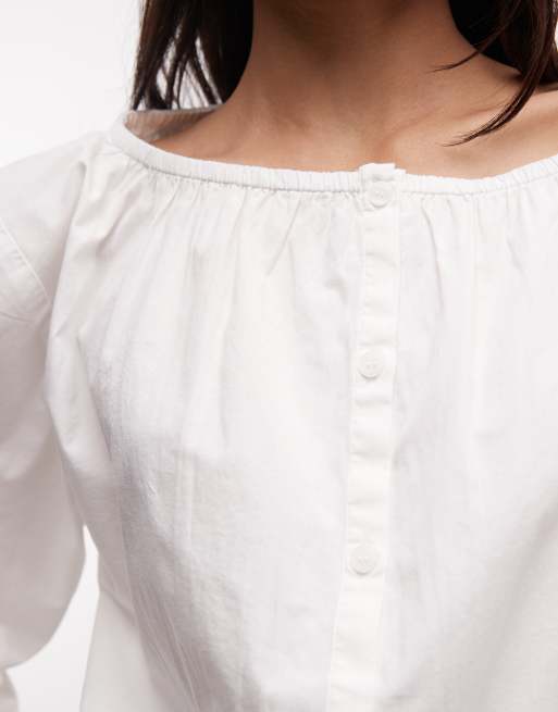 Monki cotton balloon sleeve milkmaid top in white, 4 of 4
