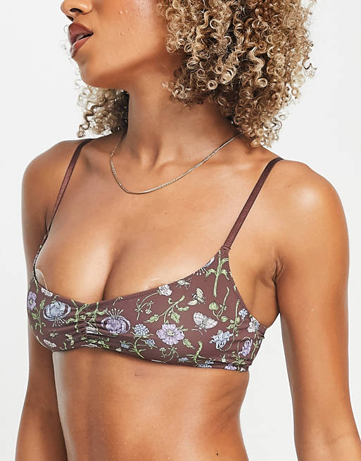 Monki cotton bralette in all over floral print in brown