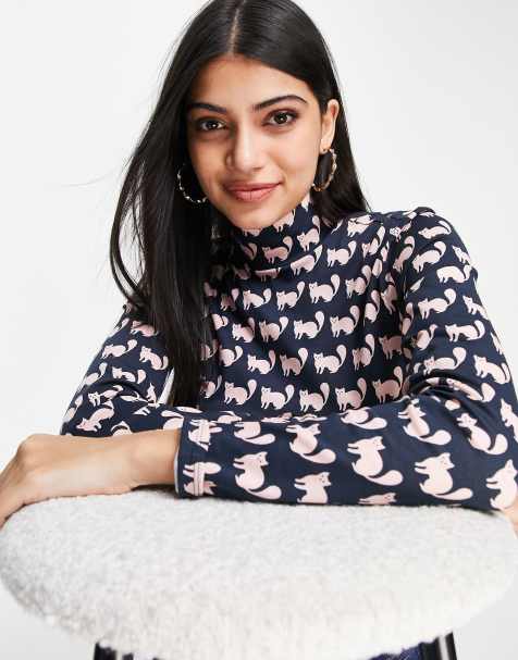 Monki cotton cat print high neck top in navy - NAVY - view 1