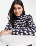 [Monki] Monki cotton cat print high neck top in navy - NAVY XS Navy