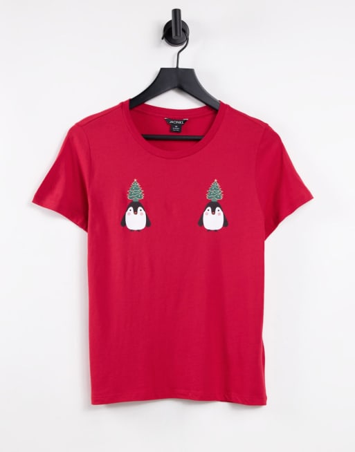 Monki cotton Christmas penguin print t-shirt in red - RED