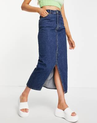 cotton denim midi skirt in blue - MBLUE