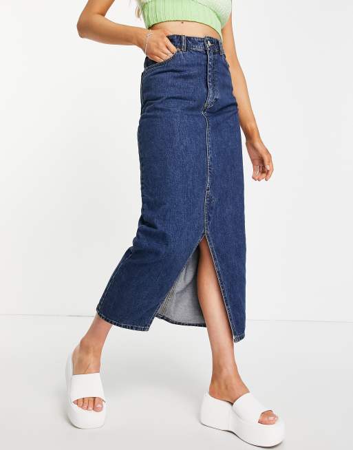 Monki cotton denim midi skirt in blue MBLUE