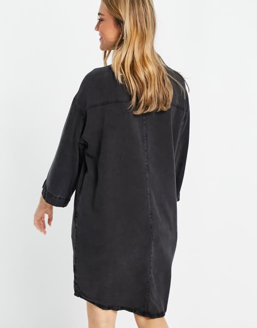monki black denim dress Monki zip up mini denim dress in washed black