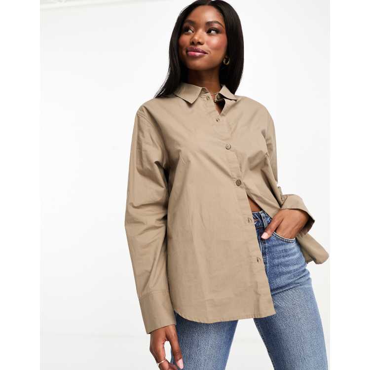 Monki cotton long sleeve blouse in taupe