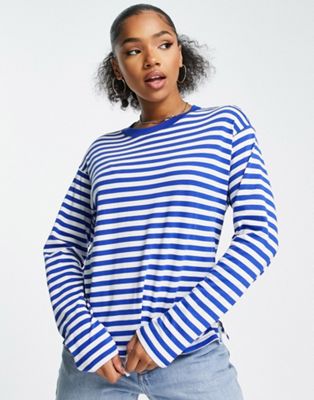 Monki cotton long sleeve stripe top in blue and white