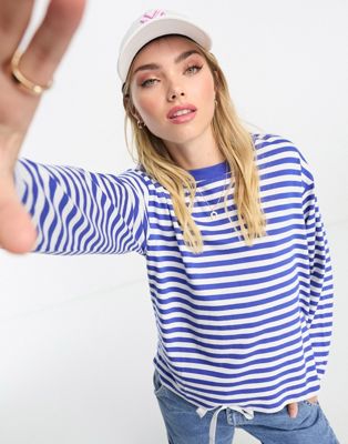 Monki cotton long sleeve stripe top in blue and white