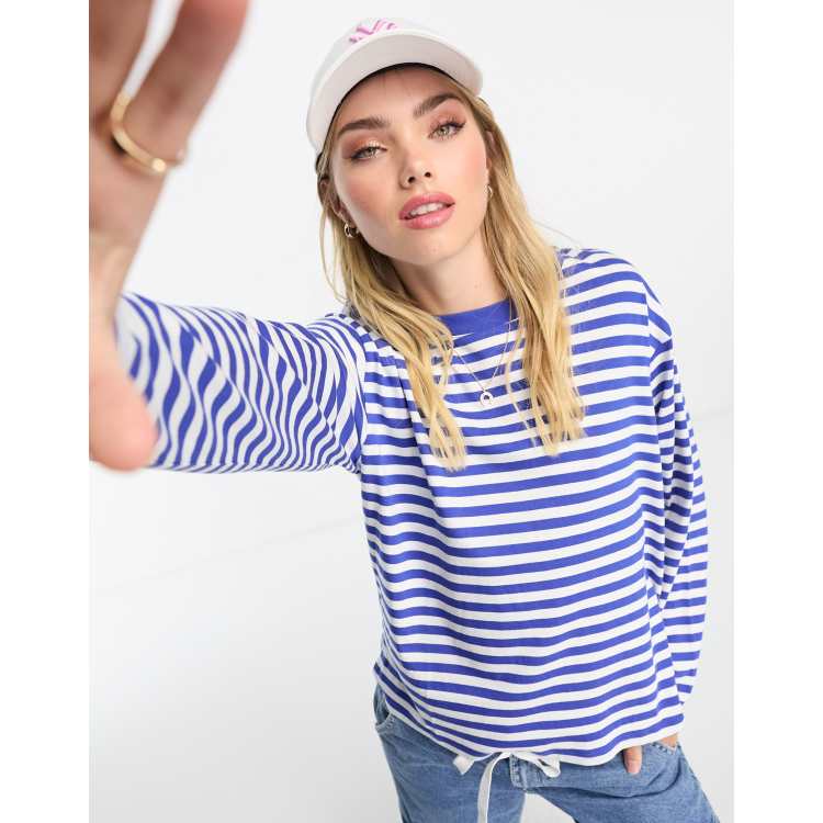 Monki cotton long sleeve stripe top in blue and white | ASOS