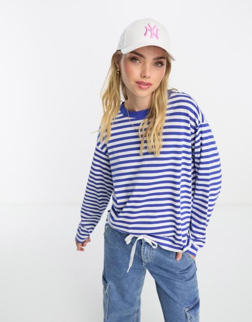 Monki cotton long sleeve stripe top in blue and white | ASOS