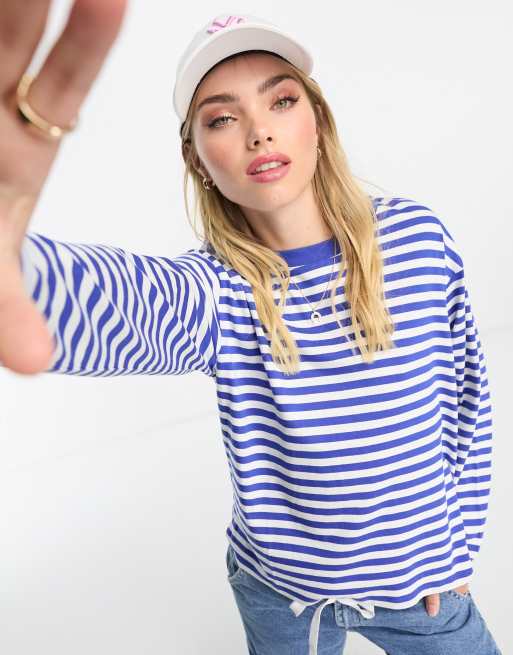 Monki cotton long sleeve striped top in blue and white | ASOS