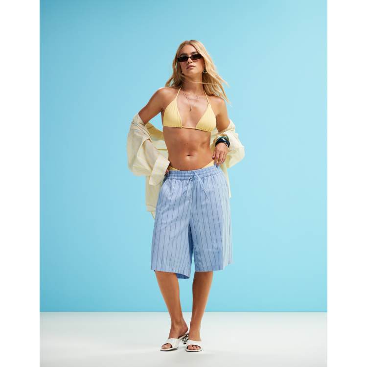Monki cotton poplin longline shorts in blue stripes | ASOS