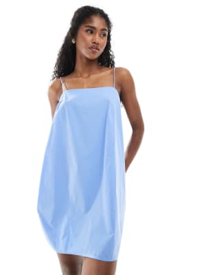 Monki Cotton Poplin Mini Dress With Tie Straps In Blue