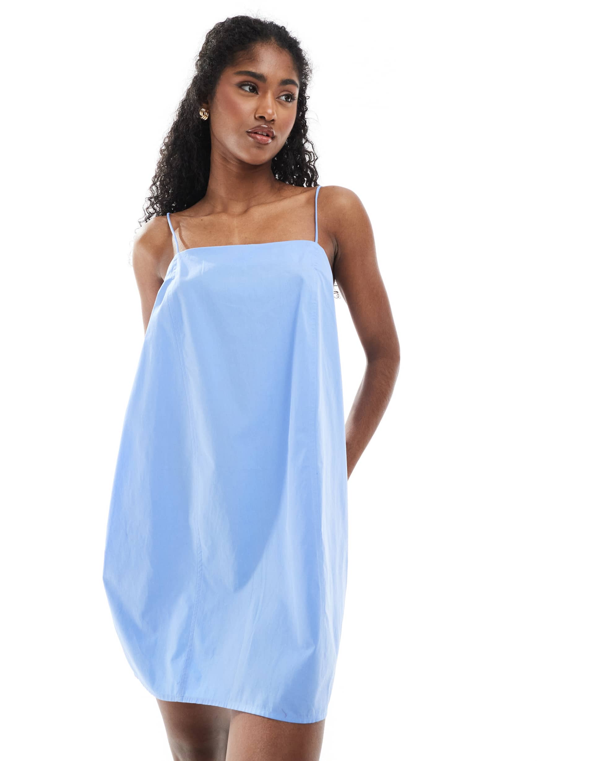 monki cotton poplin mini dress with tie straps in blue