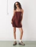[Monki] Monki cotton poplin mini dress with tie straps in burgundy-Red XS Burgundy