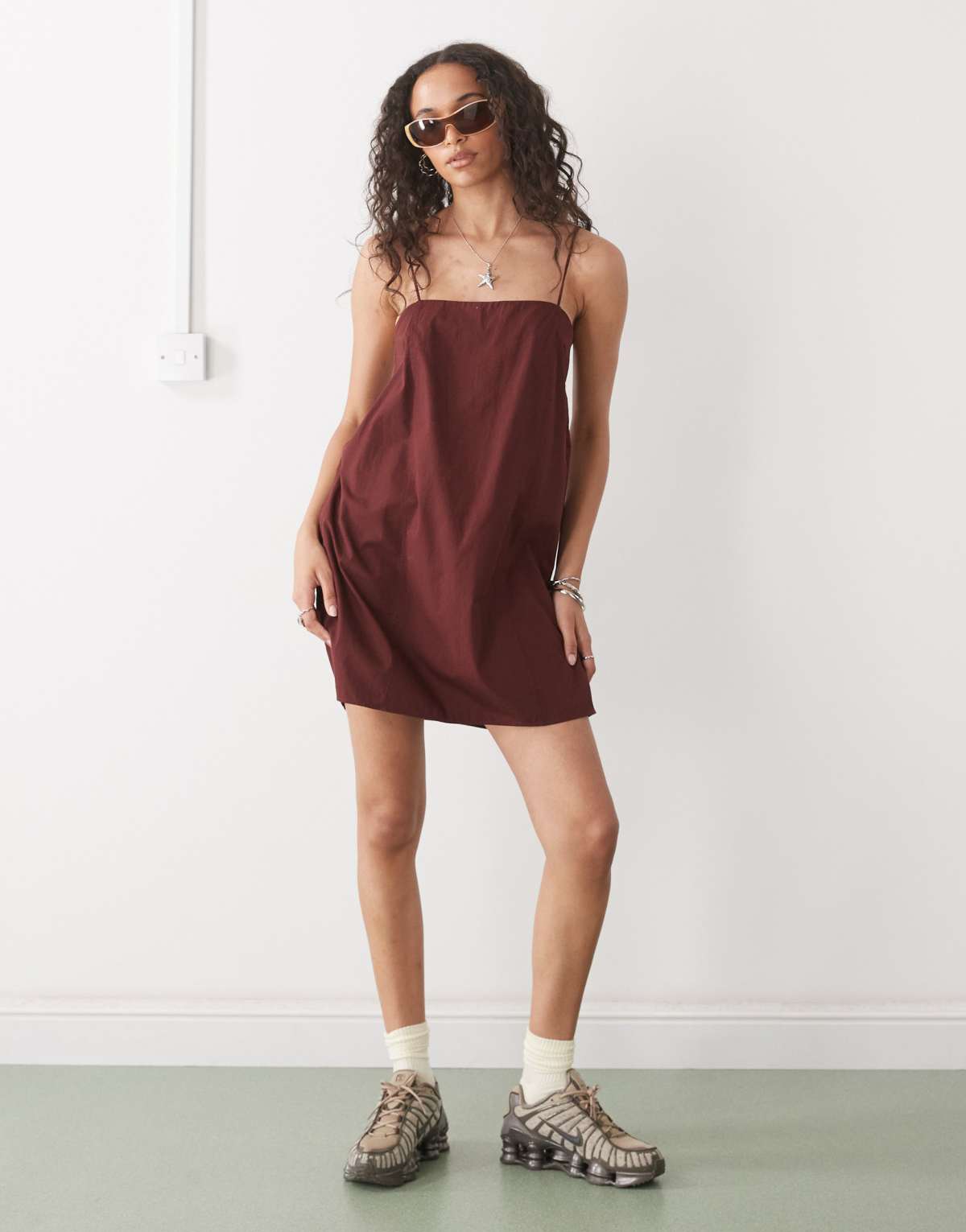Monki cotton poplin mini dress with tie straps in burgundy