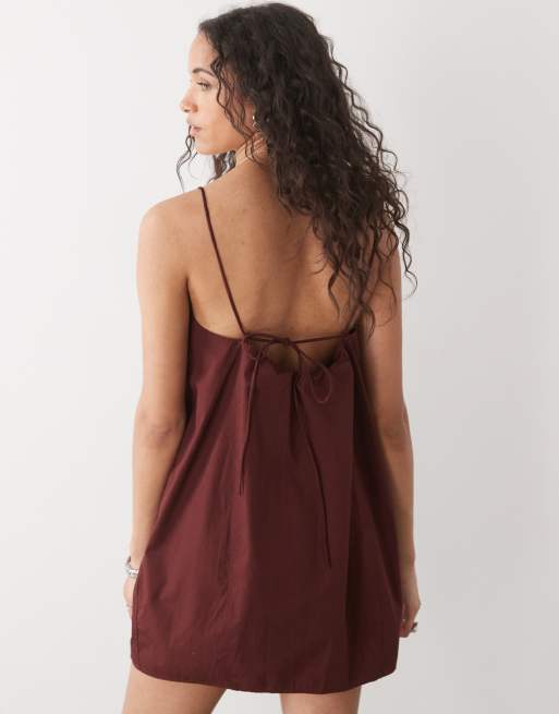 Monki cotton poplin mini dress with tie straps in burgundy, 3 of 4
