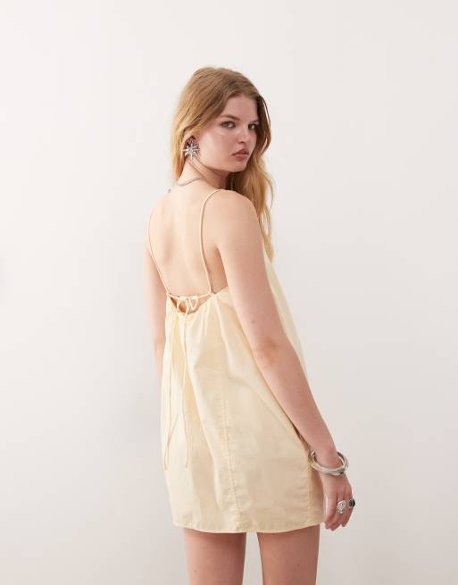 Monki cotton poplin mini dress with tie straps in butter yellow 