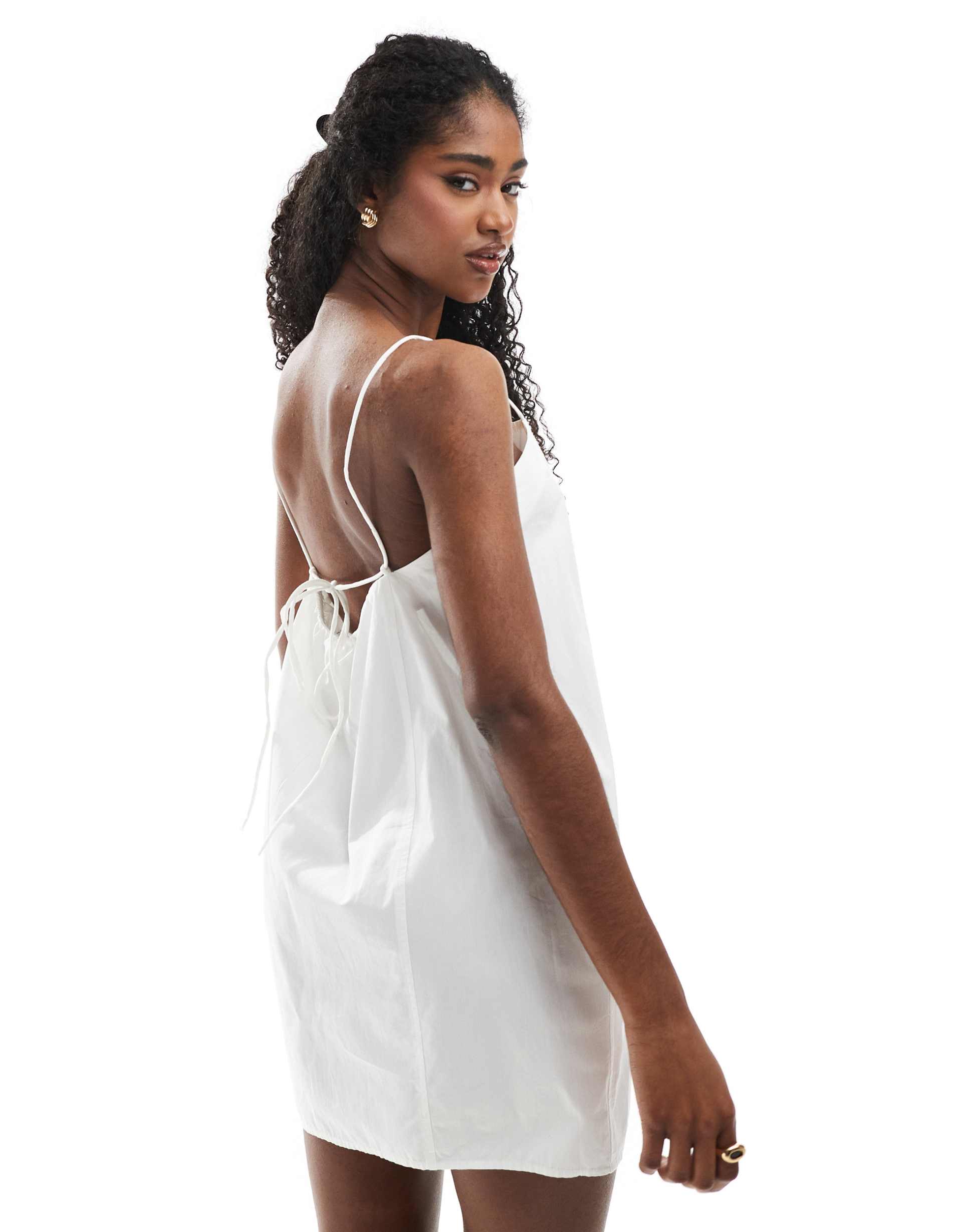 monki cotton poplin mini dress with tie straps in white