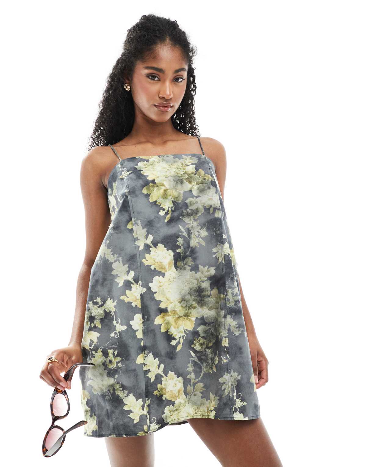 Monki cotton poplin mini dress with tie straps in yellow print