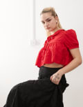 [Monki] Monki cotton poplin peplum shirt top with collar and front tie up detail in red 32 Red
