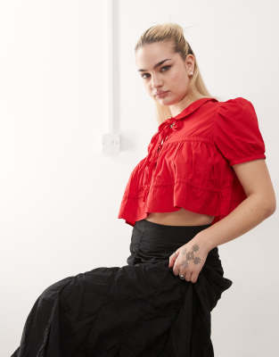 cotton poplin peplum tie shirt top with collar and front tie up detail in red