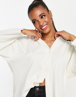 Monki cotton ribbed oversize jersey cardigan in off white - WHITE