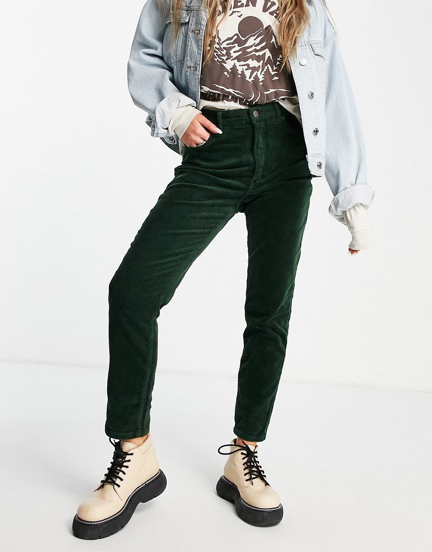 Monki cotton skinny cord pants in dark green