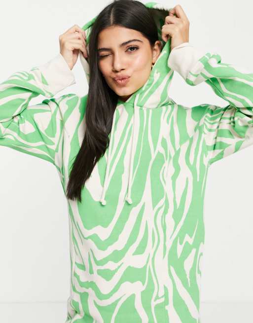 Monki cotton swirl print hoodie mini dress in green - MGREEN, 3 of 4