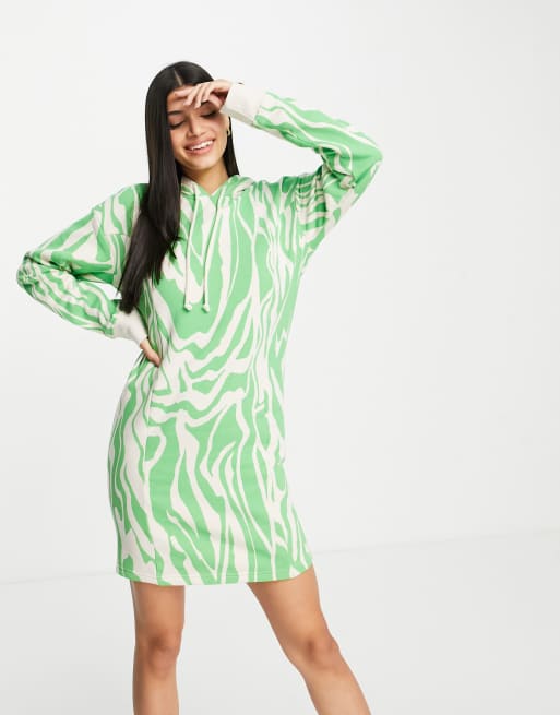 Monki cotton swirl print hoodie mini dress in green MGREEN