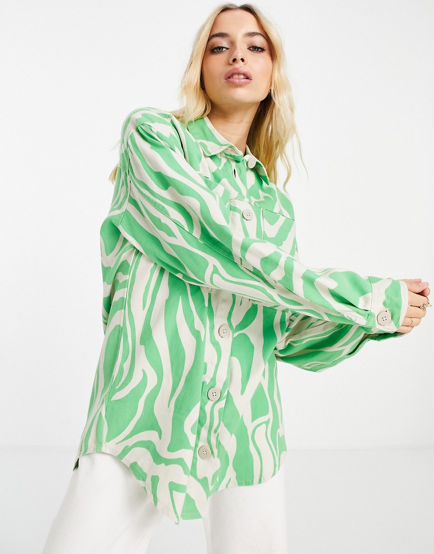 Monki cotton twill swirl print shirt in green