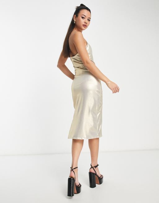 Monki cowl neck halter midi dress in gold metallic | ASOS