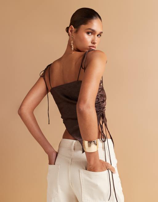 Monki cowl neck satin cami top with ruched tie side detail