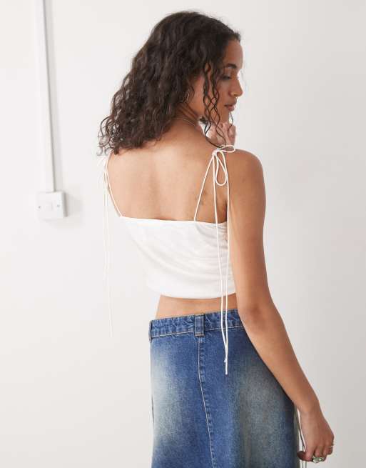 Monki cowl neck satin cami top with ruched tie side detail in off-white, 4 of 4