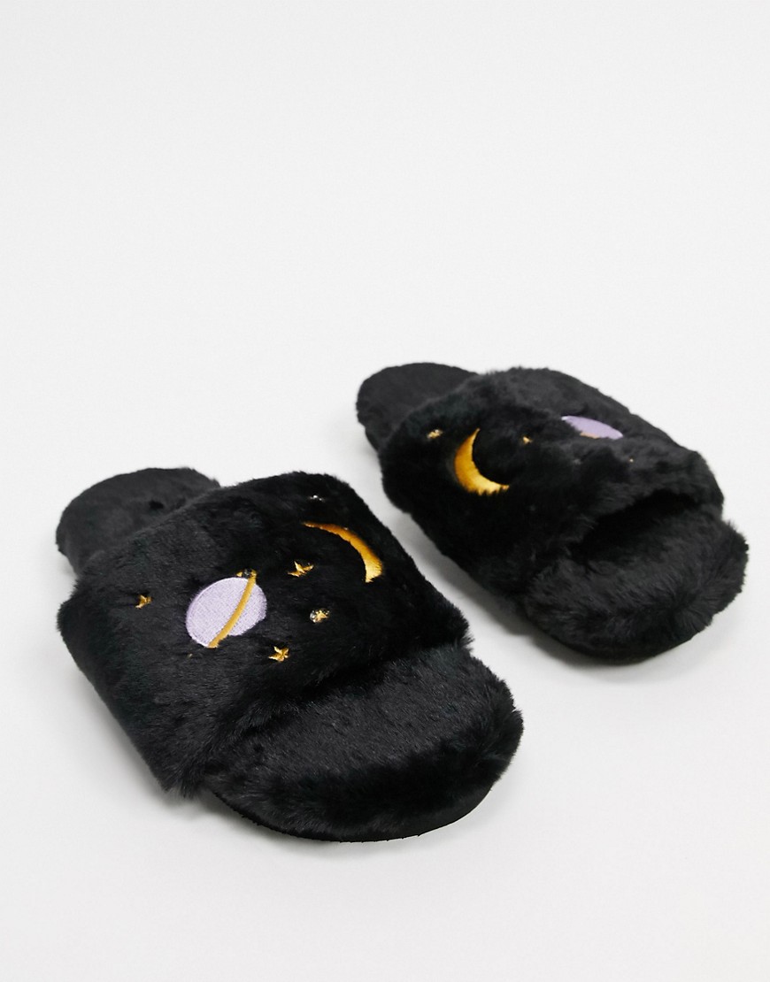 Monki Cozy recycled faux fur planet slippers in black