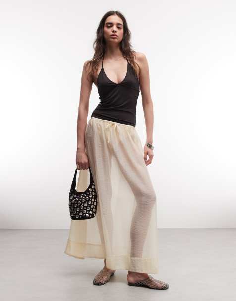 Monki - Cremefarvet lavtaljet maxinederdel i gennemsigtigt materiale i boho-stil - view 1