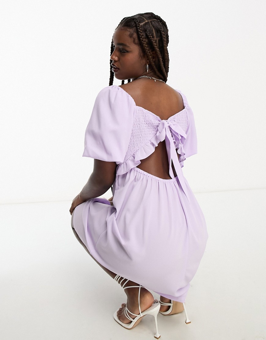 Monki crepe puff sleeve open back mini dress in lilac-Purple