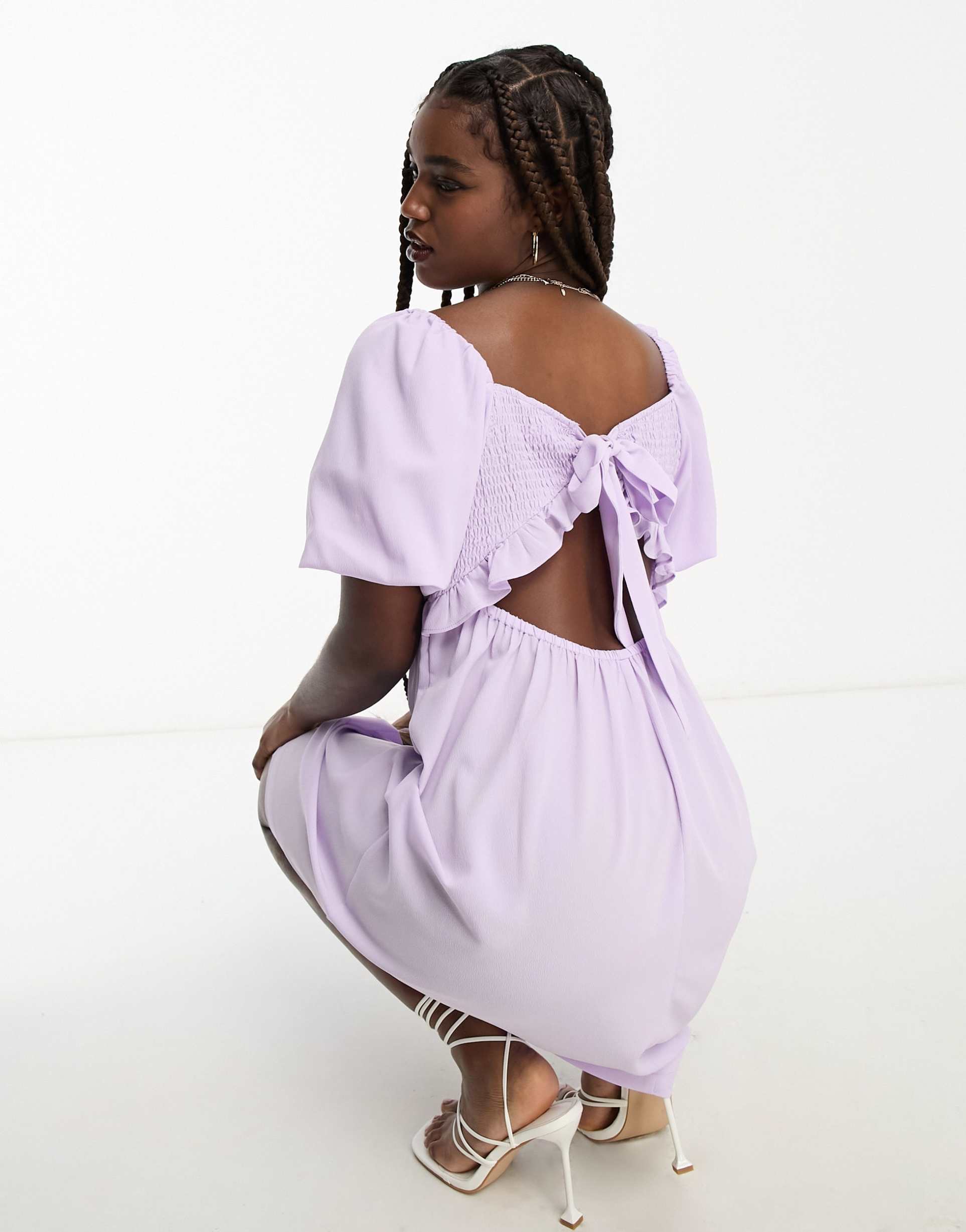 monki crepe puff sleeve open back mini dress in lilac