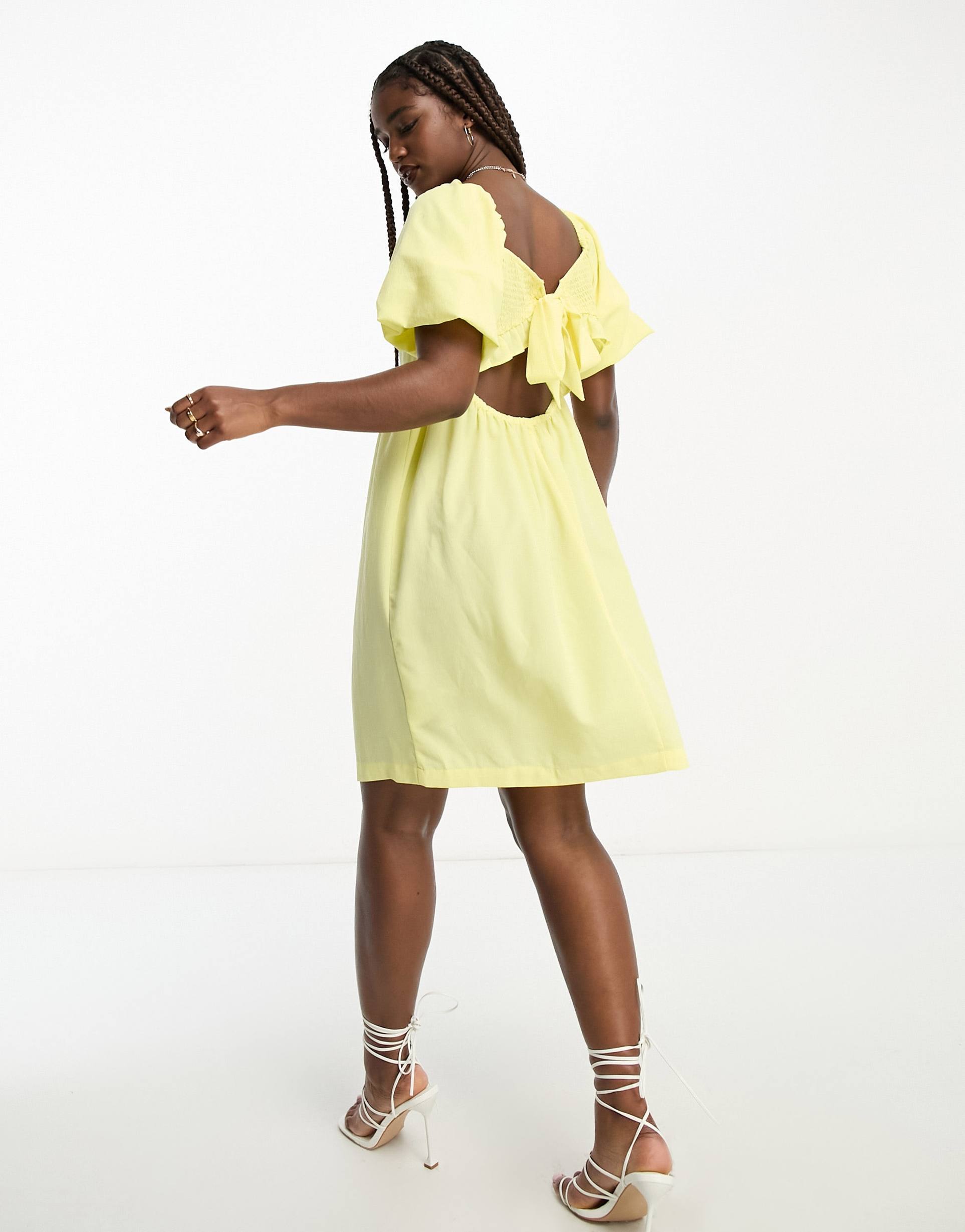 monki crepe puff sleeve open back mini dress in yellow