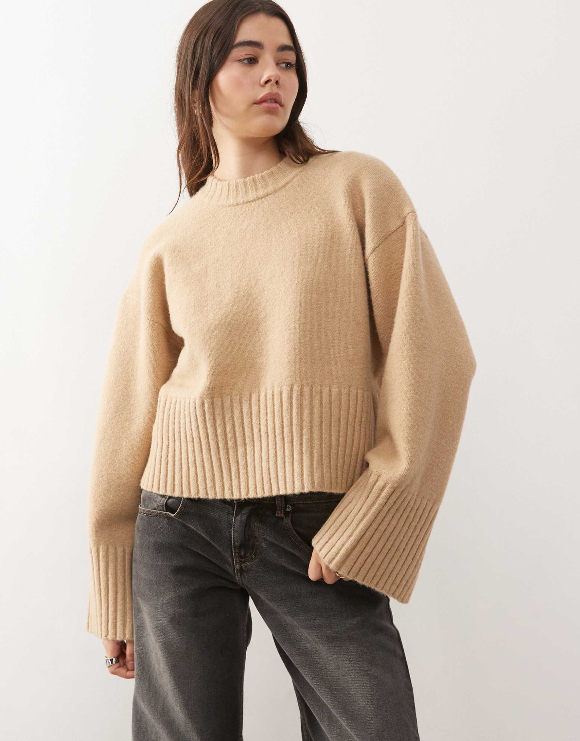 monki crew neck knit sweater in beige