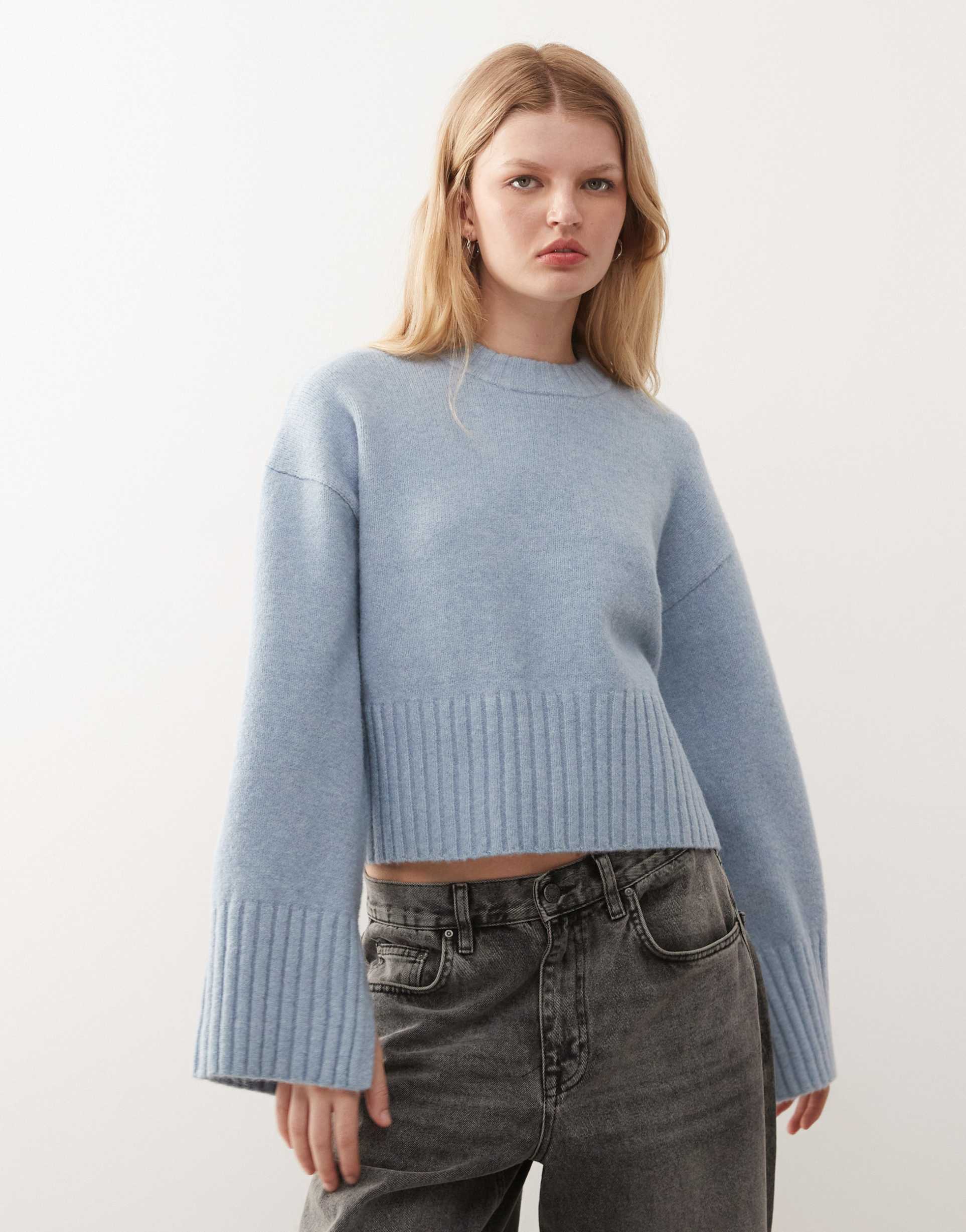 monki crew neck knit sweater in dusty blue
