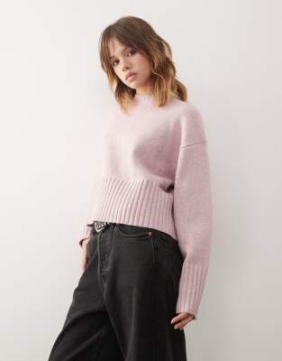 Monki Crew Neck Knit Sweater With Ribbed Cuffs And Hem Detailing In Pink