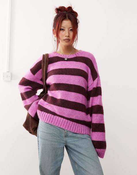 Monki crew neck knit sweater in pink and burgundy stripe - view 1
