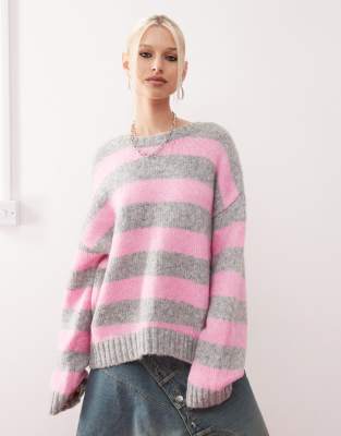 crew neck knit sweater in pink and gray stripe-Multi