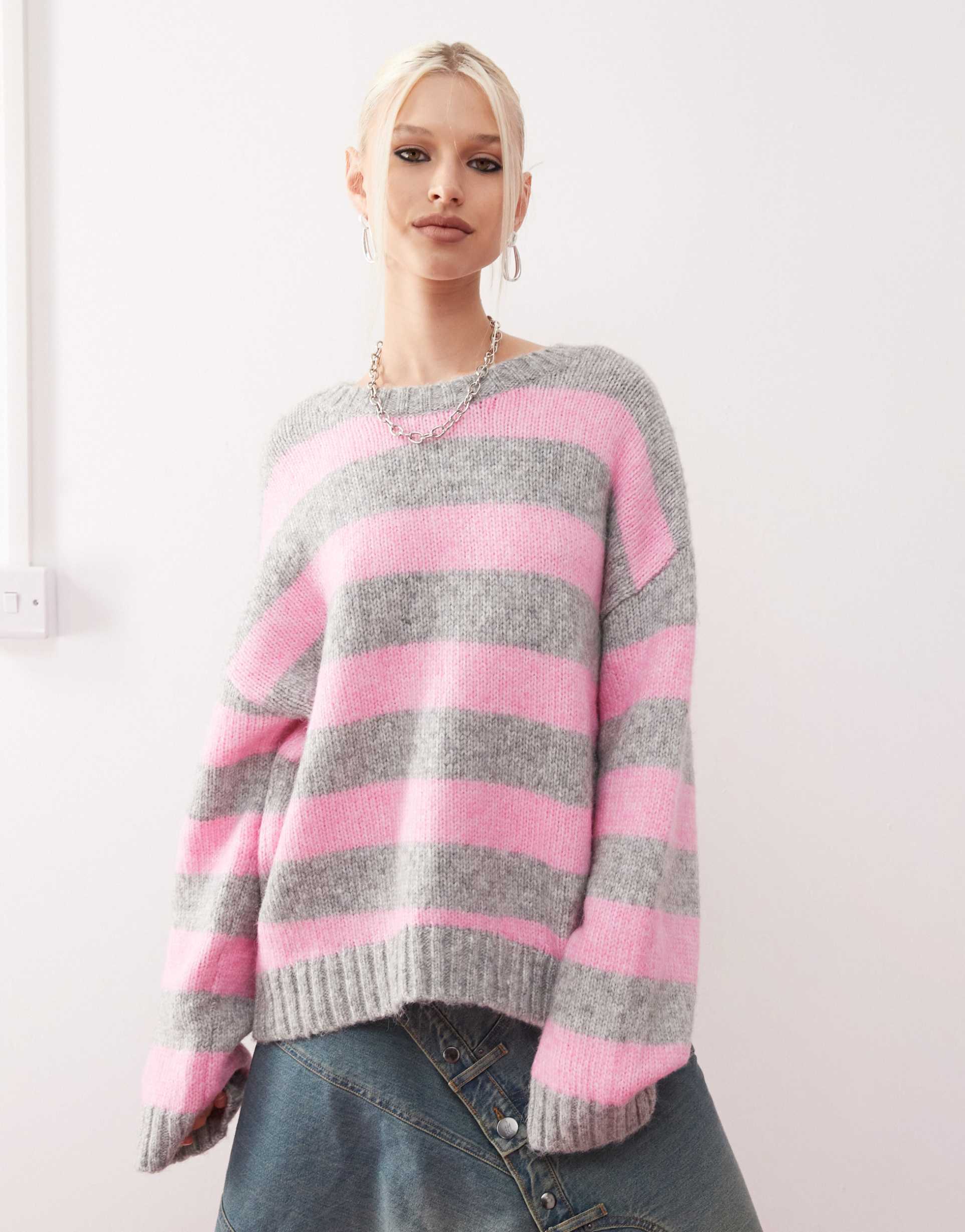 monki crew neck knit sweater in pink and gray stripe