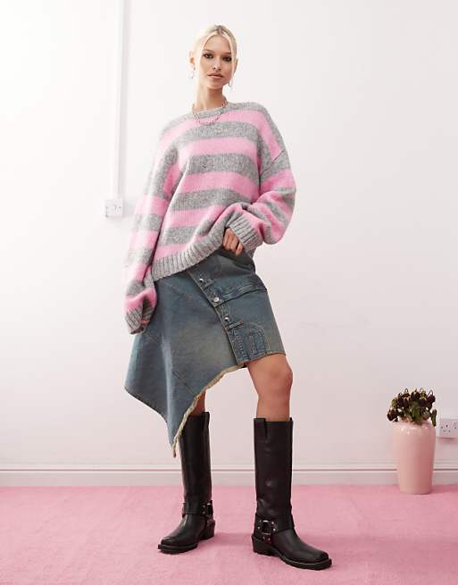 Monki crew neck knit sweater in pink and gray stripe | ASOS Monki crew neck knit sweater in pink and gray stripe | ASOS